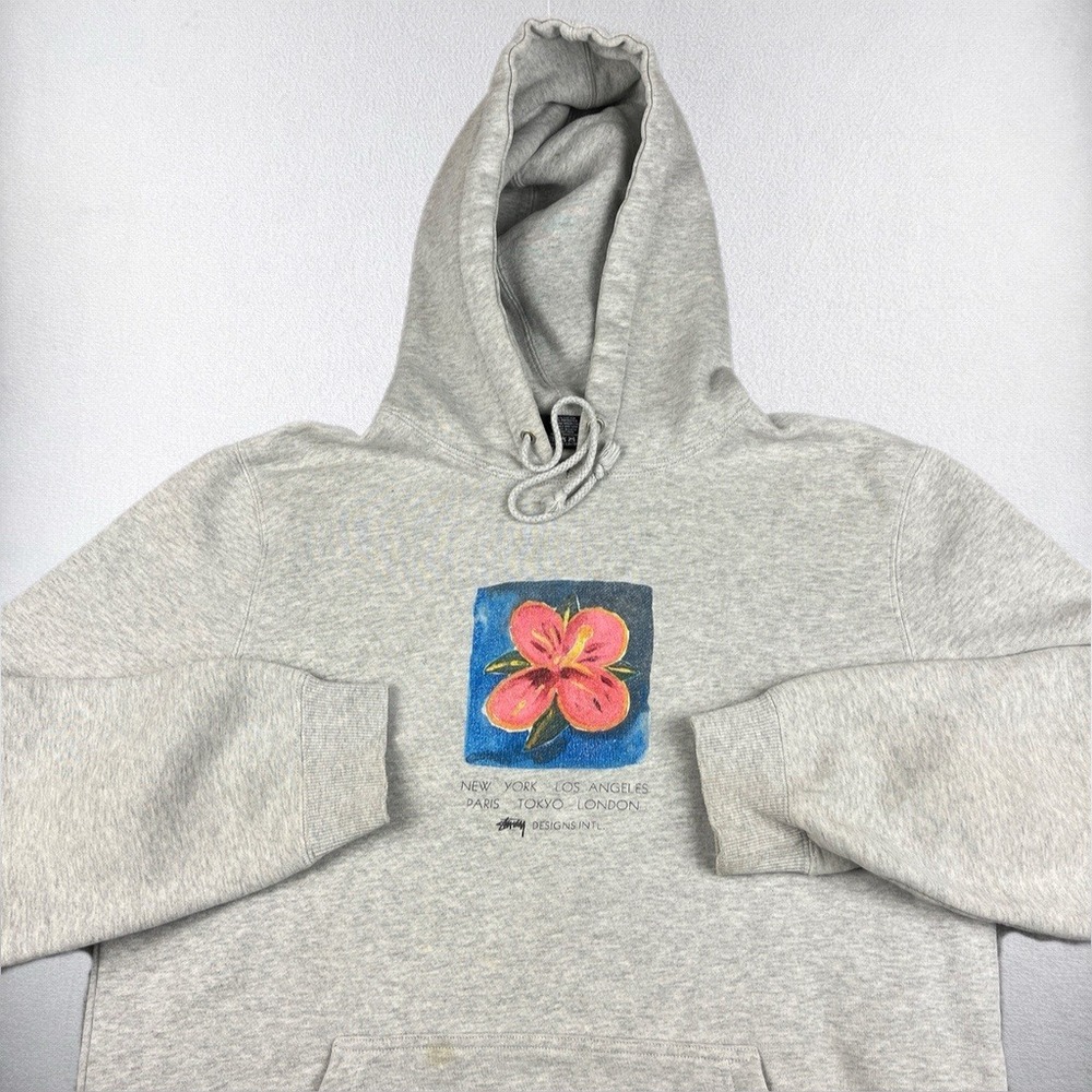 Stussy Hoodie Mens Medium Gray Flower Hibiscus Pullover Sweatshirt World Tour